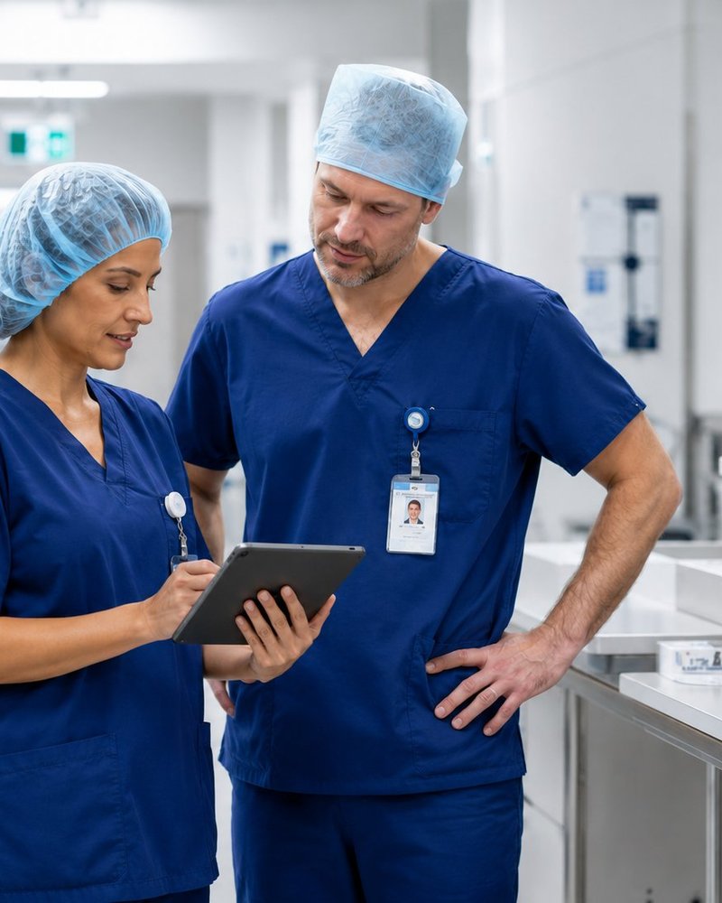 Two clinicians reviewing notes on a tablet in a hospital